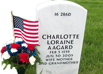 Here's an alt tag for the image: `Charlotte Loraine Aagard's grave marker`